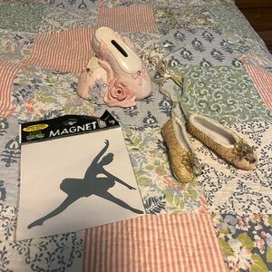 Lot of 3 ballet themed items: car magnet, decoration and bank
